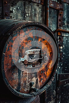 Rustic wooden barrel with a spigot and metal bands, set against an aged wooden door, exuding vintage charm. Concept for