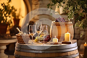 Rustic wooden barrel table ideal for wine tasting events and vineyard tours
