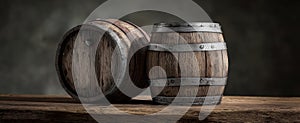 The rustic wooden barrels reflecting craftsmanship and vintage charm on a wooden surface. AI generated image photo