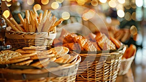 Rustic wooden baskets filled with an assortment of crackers and breadsticks sit on the table inviting guests to take a