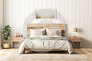 Rustic wooden bed against empty white wall. Scandinavian loft interior design of modern bedroom.