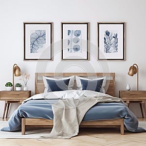 Rustic wooden bed with blue pillows and two bedside cabinets against white wall with three posters frames. Farmhouse