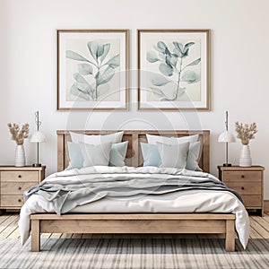 Rustic wooden bed with blue pillows and two bedside cabinets against white wall with three posters frames. Farmhouse