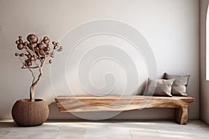 Rustic wooden bench made from tree trunk in spacious hallway. Minimalist home interior design of modern entrance hall