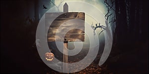 Rustic Wooden Blank Empty Sign Post Outdoors Halloween Background