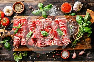 Rustic Wooden Board Filled with Freshly Rolled Prosciutto Ham with Herbs, Spices, and Garlic on Dark Tabletop, Overhead Food