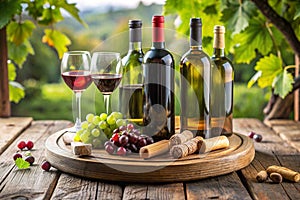 Rustic wooden board, wine and corks on a table