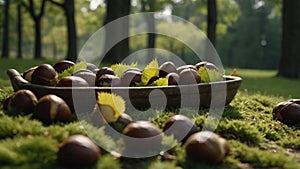 Autumnal Chestnuts in Rustic Bowl on Mossy Ground