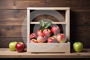 Apples in a box on a wooden shelf. A framework on a wooden background