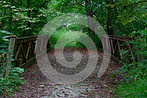 Rustic Wooden Bridge in the Forest at the Sagawau Forest Preserve in Lemont Illinois