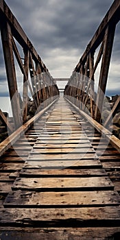 Rustic Wooden Bridge Over Murky Ocean - A Gritty Reportage