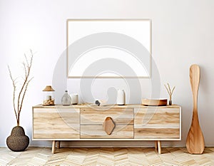 Rustic wooden cabinet near white wall with blank mockup poster frame with copy space. Boho interior design of modern living room.