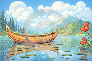 rustic wooden canoe by a placid lake