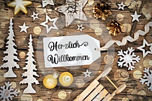 Rustic Wooden Christmas Background, Bokeh, Label With German Text herzlich Willkommen