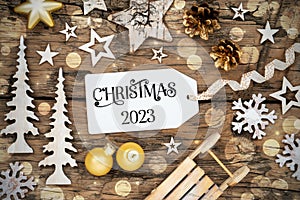 Rustic Wooden Christmas Background, Bokeh, Label With Text Christmas 2023