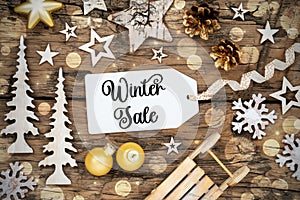 Rustic Wooden Christmas Background, Bokeh, Label With Text Winter Sale