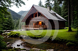 A rustic wooden cottage nestled deep within a dense forest.