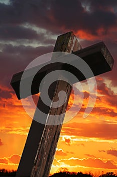 Rustic Wooden Cross Against Sunset