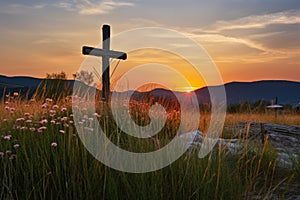 a rustic wooden cross on a hill with sunset in the background