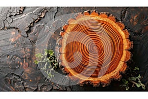 Rustic wooden cross section of a tree trunk on a brown surface with green leaves on the side