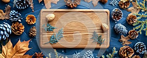 Rustic Wooden Cutting Board Surrounded by Autumn Pine Cones, Leaves, and Blue Foliage on Dark Blue Surface