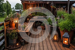 rustic wooden deck with potted plants and lanterns for a warm and welcoming campsite