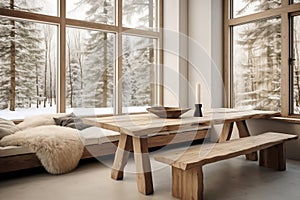 Rustic wooden dining table in cozy kitchen interior with large windows and snowy winter landscape outside