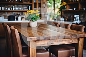 Rustic wooden dining table with yellow flower vase in modern kitchen, surrounded by 8 elegant chairs