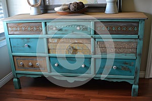 rustic wooden dresser, refinished and loaded with decorations