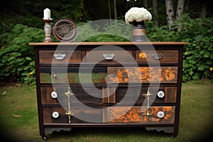 rustic wooden dresser, refinished and loaded with decorations