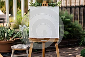 Rustic wooden easel with whiteboard canvas in a garden setting.