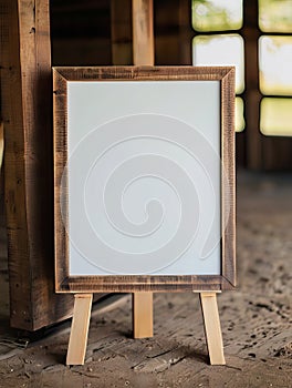 Rustic wooden easel with whiteboard canvas inside an old room.