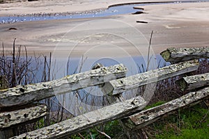 Rustic Wooden Fence Lookout Point With View of Birds on a Sandy Lagoon, at San Gregorio Beach, California