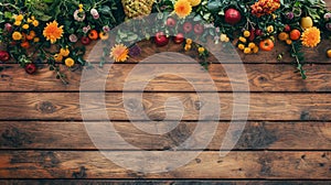Rustic wooden flatlay table background with a Summer abundance theme, many wooden slats