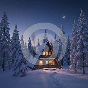 Cozy A-Frame Cabin in Snowy Forest at Twilight AI-GENERATED