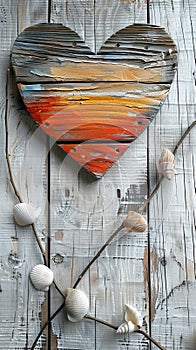 Rustic Wooden Heart with Colorful Paint and Sea Shells on Weathered Wood Background