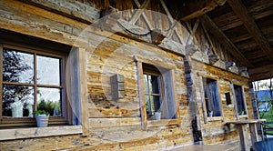 a rustic alpine wooden house in the Austrian Alps of the Gramai Alm region