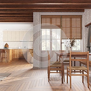 Rustic wooden kitchen and dining room in white and beige tones. Cabinets and parquet floor. Table with chairs. Farmhouse interior