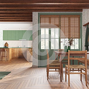 Rustic wooden kitchen and dining room in white and green tones. Cabinets and parquet floor. Table with chairs. Farmhouse interior