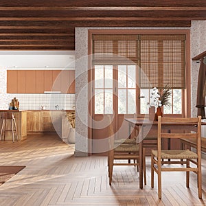 Rustic wooden kitchen and dining room in white and orange tones. Cabinets and parquet floor. Table with chairs. Farmhouse interior