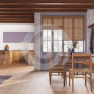 Rustic wooden kitchen and dining room in white and purple tones. Cabinets and parquet floor. Table with chairs. Farmhouse interior
