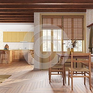 Rustic wooden kitchen and dining room in white and yellow tones. Cabinets and parquet floor. Table with chairs. Farmhouse interior