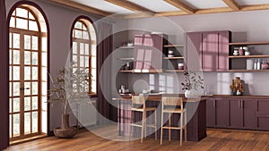 Rustic wooden kitchen in red and beige tones with island and stools. parquet, shelves and cabinets. Farmhouse interior design