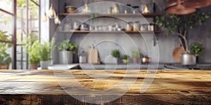 Rustic wooden kitchen table takes center stage in cottage. Cozy atmosphere that invites residents and guests to linger