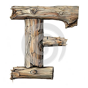 Rustic wooden letter F with metal reinforcements on a white background.