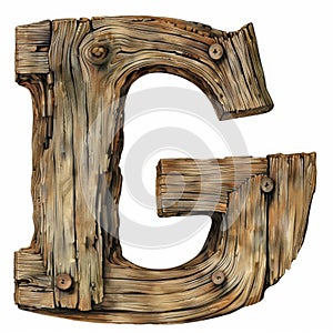 Rustic wooden letter G on a white background. Isolated on a white background.