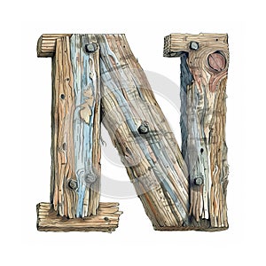 Rustic wooden letter N made of old weathered barn wood with knots and nail holes. photo