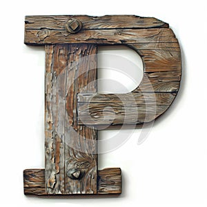 Rustic wooden letter P on a white background. Isolated on a white background.