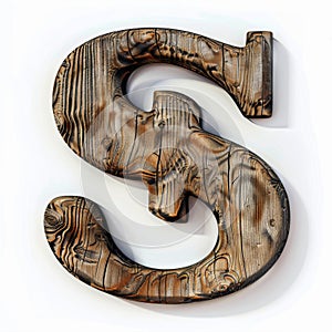 Rustic wooden letter S on white background, vintage grunge font, metal rivets, 3D rendering