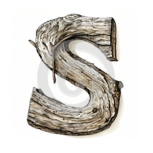 Rustic wooden letter S on white background, vintage grunge font, metal rivets, 3D rendering